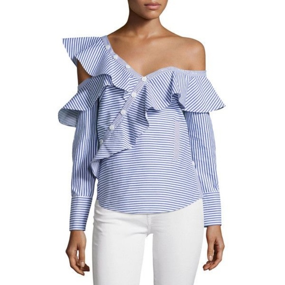 Self-Portrait Tops - Self-Portrait Striped Frill Asymmetric Shirt